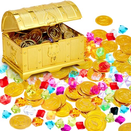 Hestya Schatztruhe Kindergeburtstag Schatzkiste Kinder Goldmünzen Piratenschatz Set mit 50 Piraten Goldmünzen und 50 Edelsteinen für Weihnachtsparty Geschenke Schatzsuche Kindergeburtstag von Hestya