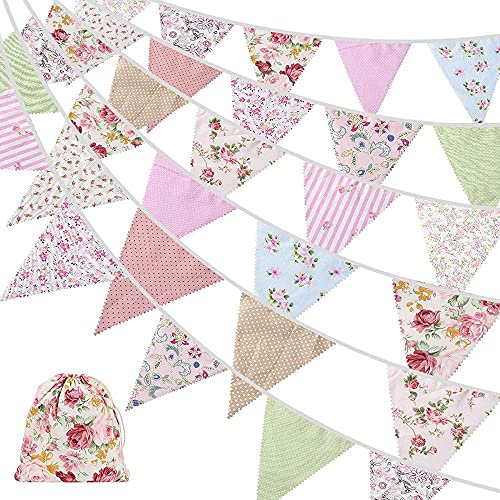 Hethlif 40Ft Fabric Bunting, 42 StüCke Draussen Banner, Floral Vintage Baumwolle Dreieckige Flagge für Garten Geburtstags Feier von Hethlif