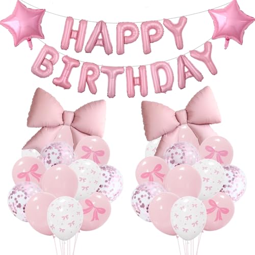 Bogen Party Dekorationen Happy Birthday Folienballons Banner Gedruckt Rosa Schleife Ballon für Frauen Mädchen Bogen Thema Geburtstag Hochzeit Jahrestag Muttertag Kokette Party Supplies (Rosa) von Heukikt