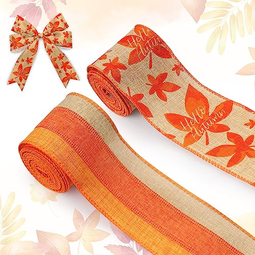 2 Rollen Herbst-Stoffband Thanksgiving Sackleinen Bänder Herbst Ahornblätter Orange Braun Streifen Rand Drahtdekor Bänder für Herbst Thanksgiving Party Geschenkverpackung Handwerk Dekoration Supplies von Heureppy