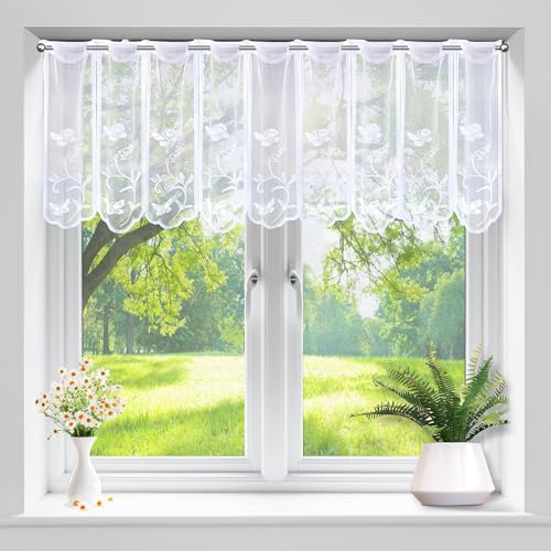 Scheibengardine Bistrogardine Halbtransparent Vorhänge Kurzstores Fensterschal mit Blumen Kurzgardine für Fenster Küche Wohnzimmer BxL 45 * 144cm von Heveer