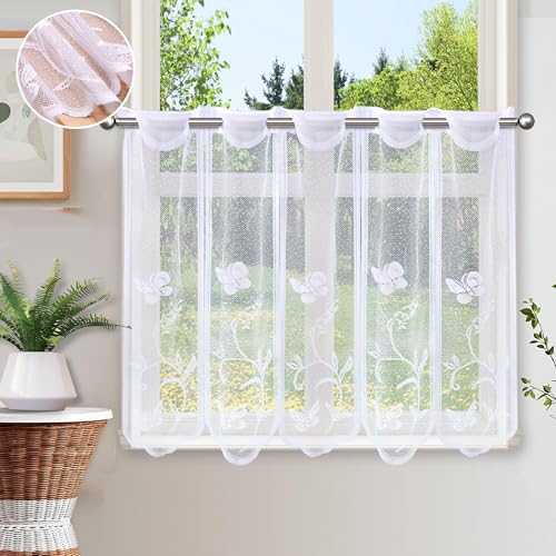 Scheibengardine Bistrogardine Halbtransparent Vorhänge Kurzstores Fensterschal mit Blumen Kurzgardine für Fenster Küche Wohnzimmer BxL 60 * 81cm von Heveer