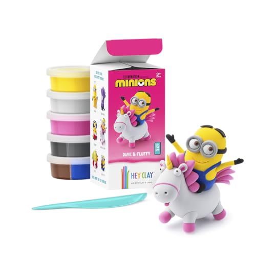 HEY CLAY & Illumination Geschenke – Minions Dave & Fluffy – bunte Modelliermasse, lufttrocknender Ton für Kinder, lufttrocknender Ton, 5 Dosen und Modellierwerkzeuge mit lustiger, interaktiver von Hey Clay