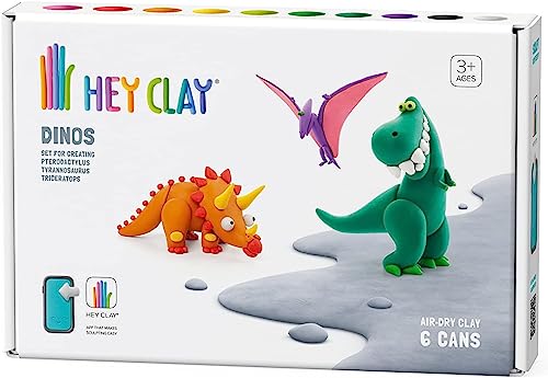 Hey Clay Dinos: Pterodactylus, Triceratops, Tyrannosaurus, bunte Modellier-Kinder – lufttrockenes Ton-Set 15 Dosen und Modellierwerkzeuge mit lustiger interaktiver Anleitung von Hey Clay