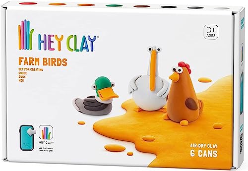 Hey Clay Farm Birds: Duck, Goose, Hen - bunte Modellier-Kinder – lufttrockenes Ton-Set 15 Dosen und Modellierwerkzeuge mit lustiger interaktiver Anleitung von Hey Clay