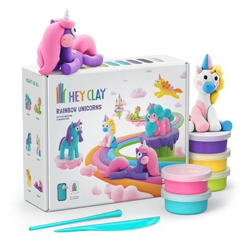 Hey Clay Rainbow Unicorns 15 Dosen Set - Bunte Modellierung Kinder Lufttrockener Ton Set 15 Dosen mit Modellierwerkzeugen und lustiger interaktiver Anleitung Geschenk für Kinder ab 3 Jahren von Hey Clay