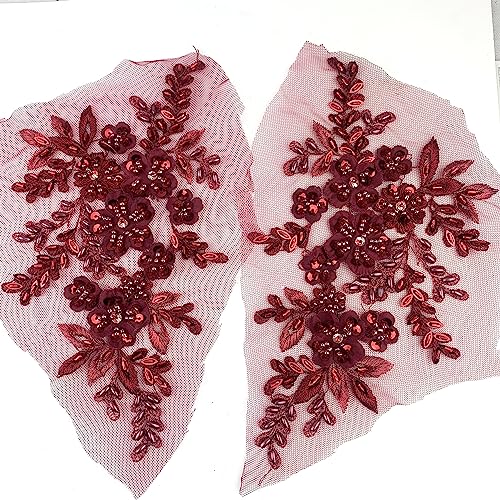 Heyiwell 1 Paar 3D-Pailletten-Perlen Blumen-Stickerei-Aufnäher Applikation Spitze Blumenmotiv für Hochzeitskleid Nähen Spitze Dekor 21 x 12 cm (Weinrot) von Heyiwell