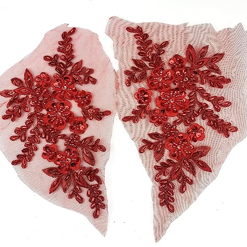 Heyiwell 1 Paar 3D-Pailletten-Perlen Blumen-Stickerei-Aufnäher Applikation Spitze Blumenmotiv für Hochzeitskleid Nähen Spitze Dekor 21 x 12 cm (rot) von Heyiwell