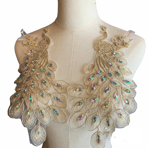 Heyiwell 1 Paar Pfau bestickte Spitzenapplikation Strass Patches zum Aufnähen auf Kleidung Hochzeitskleid Cheongsam Dekor 30 x 14 cm, Gold von Heyiwell