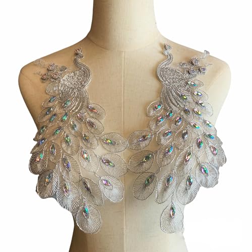 Heyiwell 1 Paar Pfau bestickte Spitzenapplikation Strass Patches zum Aufnähen auf Kleidung Hochzeitskleid Cheongsam Dekor 30 x 14 cm, Silber von Heyiwell