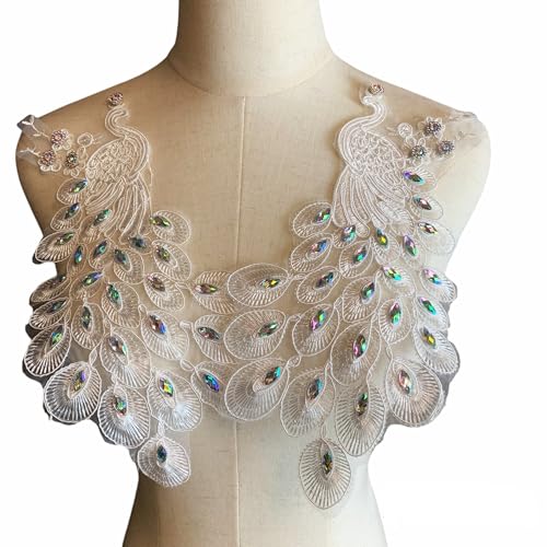 Heyiwell 1 Paar Pfau bestickte Spitzenapplikation Strass Patches zum Aufnähen auf Kleidung Hochzeitskleid Cheongsam Dekor 30 x 14 cm, Weiß von Heyiwell