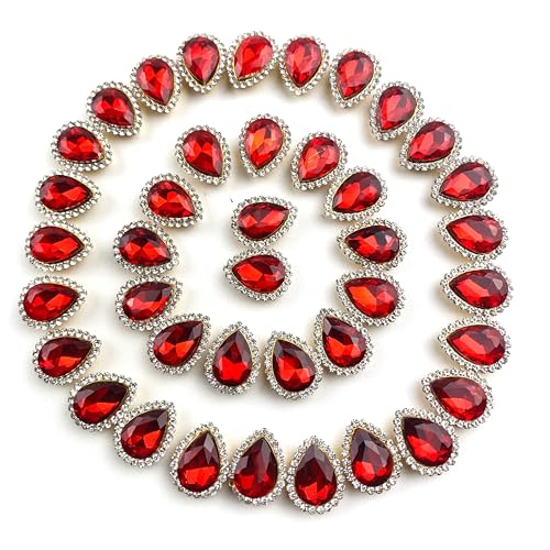 Heyiwell Strasssteine, zum Aufnähen, flache Rückseite, goldfarbene Krallenfassung, Näh-Strasssteine für Kleidung, Schuhe, Basteln, 10 x 14 mm, Rot, 40 Stück von Heyiwell