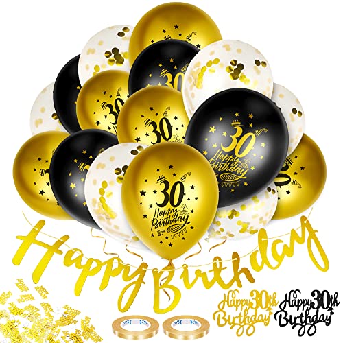 Luftballons Geburtstag Set, Heylor 30 Geburtstag Deko Schwarz Gold, Geburtstag Ballons Latex Konfetti Luftballons mit Cake Topper und Happy Birthday Banner für Geburtstag Party Dekoration von Heylor