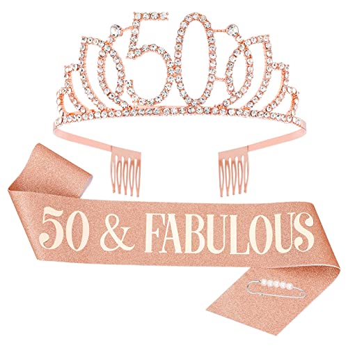 Heyu-Lotus 50. Geburtstag Schärpe und Tiara Roségold 50 & fabelhafte Schärpe Strass Krone für Frauen 50. Geburtstag Geschenk Party Dekorationen Zubehör (50. Geburtstag) von Heyu-Lotus