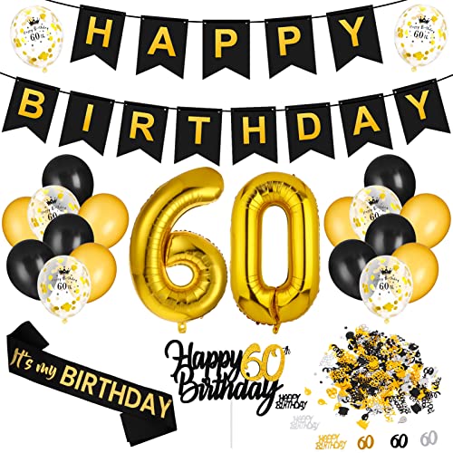 Heyu-Lotus 60 Geburtstag Deko Luftballons 60. Geburtstag Schwarz Gold Deko 60 Geburtstag Frauen Männer mit Happy Birthday Girlande, Folienballon Zahl 60, Konfetti Luftballons für 60 Geburtstag Dekora von Heyu-Lotus