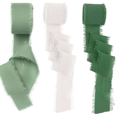 Hezhou 3 Rollen Schleifenband Chiffon Geschenkband Hochzeit 4cm Handgefertigtes Fransen-Chiffonband für Brautsträuße, Geschenkverpackungen, Weihnachtsschleife (grasgrün + hellgrün + weiß) von Hezhou