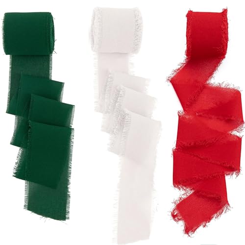 Hezhou 3 Rollen Schleifenband Chiffon Geschenkband Hochzeit 4cm Handgefertigtes Fransen-Chiffonband für Brautsträuße, Geschenkverpackungen, Weihnachtsschleife (rot + grün + weiß) von Hezhou