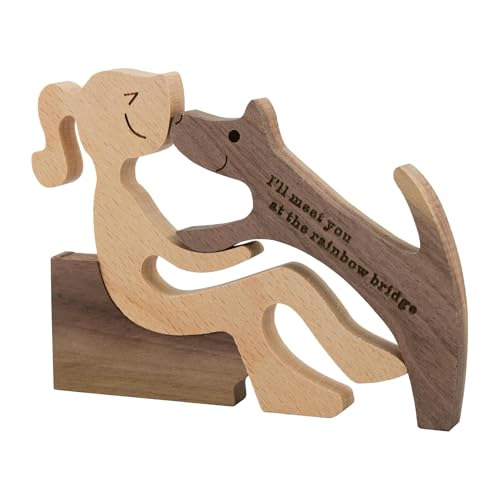 Hezhou Holzfigur Hund Statue Wooden Pet Carvings Skulpturen Deko Handgefertigte Hundestatue Holz Frau und Hund Holzskulptur Hundefigur Für Zuhause Desktop-Tischplatte (Holzfarbe) von Hezhou