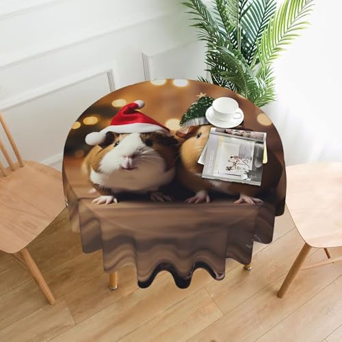 Hgbbdyyjj Niedliche Meerschweinchen mit Weihnachtsmütze, personalisierbar, bedruckt, rund, knitterfrei, waschbar, strapazierfähige Polyester-Tischdecken von Hgbbdyyjj