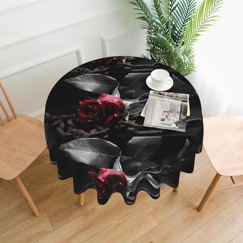 Hgbbdyyjj Tischdecke, Gothic, schwarze Rosen, bedruckt, rund, knitterfrei, waschbar, strapazierfähig, Polyester von Hgbbdyyjj