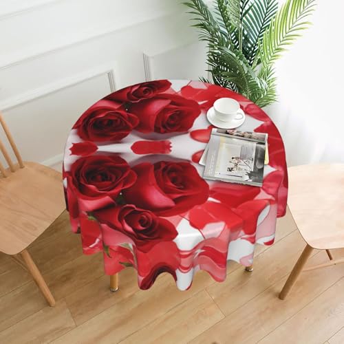 Hgbbdyyjj Tischdecke mit Rosen- und rotem Blütenblatt, personalisierbar, rund, knitterfrei, waschbar, strapazierfähiges Polyester von Hgbbdyyjj