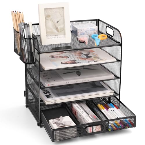 Schreibtisch-Organizer, Briefablage, A4-Dokumentenablage, für Zuhause, Büro, Schule, Metallgeflecht, 5 Ablagefächer, Schublade, Stiftehalter von Hggzeg