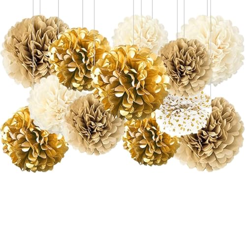 Hhbdy Goldene Hochzeit Deko 12 Stück Pompons Deko Gold Creme Papier Pompons Seidenpapier Pompons Deko Weiß Gold Party Deko Neujahr Silvester Deko Abschlussdekorationen Verlobungsfeier Deko von HhBdy