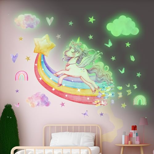 Regenbogen Leuchtsticker Leuchtender Einhorn im Dunkeln Leuchtender Einhorn-Wandaufkleber Wandtattoo Regenbogen Einhorn Wasserdicht Fluoreszierende Aufkleber Leuchtende Aufkleber für Raumdekoration von HhBdy