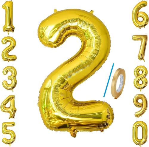 Number 2 Balloons Gold 40 inch, Jumbo Digital Foil Mylar Balloon for Birthday Party Wedding Anniversary Celebration Decoration (2) von HiAoey