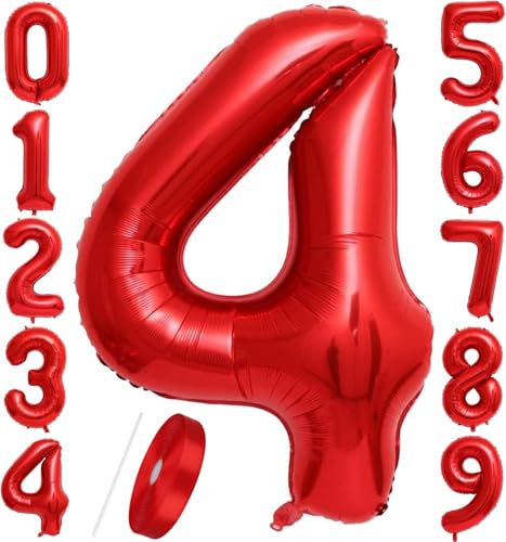 Luftballons mit Zahl 4, Rot, 101,6 cm, Jumbo-Digital-Folie, Mylar-Ballon für Geburtstagsparty, Hochzeit, Jahrestag, Feier, Dekoration von HiAoey