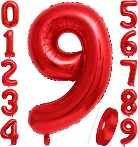 Luftballons mit Zahl 9, Rot, 101,6 cm, Jumbo-Digital-Folie, Mylar-Ballon für Geburtstagsparty, Hochzeit, Jahrestag, Feier, Dekoration von HiAoey