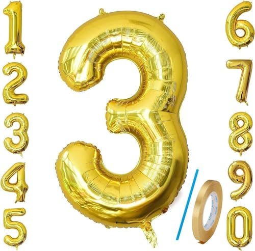 Number 3 Balloons Gold 40 inch, Jumbo Digital Foil Mylar Balloon for Birthday Party Wedding Anniversary Celebration Decoration von HiAoey