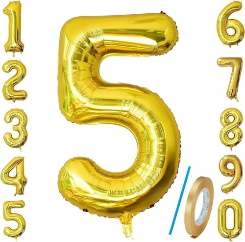 Number 5 Balloons Gold 40 inch, Jumbo Digital Foil Mylar Balloon for Birthday Party Wedding Anniversary Celebration Decoration von HiAoey