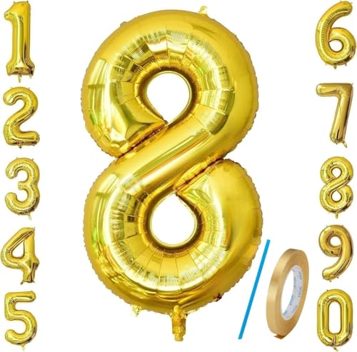 Number 8 Balloons Gold 40 inch, Jumbo Digital Foil Mylar Balloon for Birthday Party Wedding Anniversary Celebration Decoration von HiAoey