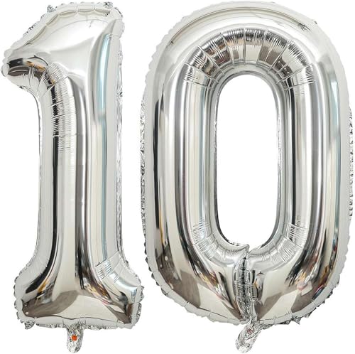 Zahlenballons, silberfarben, 101,6 cm, Jumbo-Folie, Mylar-Ballon für Geburtstagsfeier, Hochzeit, Jahrestag, Feier, Dekoration (10) von HiAoey