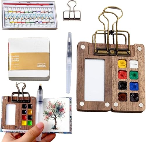 HiGropcore Reise, tragbares Mini-Aquarell-Paletten-Set, Pocketartist Aquarell-Reise-Set mit Binder-Clips für Maler, Künstler, Studenten (Holz, 8 Set) von HiGropcore