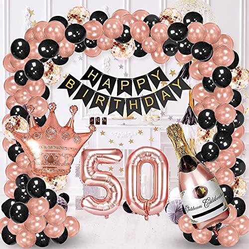 50 Geburtstag Deko Frauen, Geburtstagsdeko 50 Männer, Rosegold Schwarz Deko 50 Geburtstag Luftballon mit Happy Birthday Girlande, Deko 50. Geburtstag Luftballons für Frau Mann Geburtstag Dekorationen von HiHK