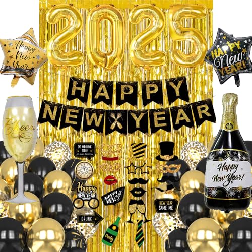 Silvester Deko 2025, Schwarz Gold 2025 Neujahr Deko Set mit Happy New Year Banner, XXL 2025 Ballon, Foto Requisiten, Fransenvorhang, Neujahr Luftballons für 2025 Neujahr Party Dekorationen von HiHK