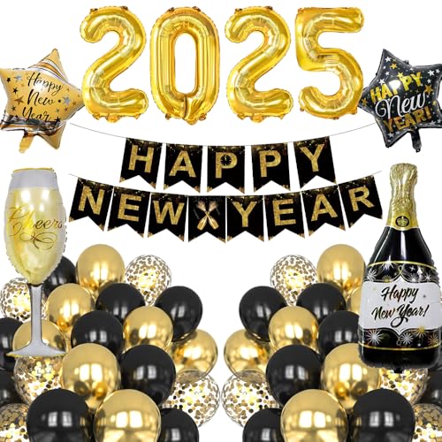 Silvester Deko 2025 Dekoration Set, Neujahr Silvesterdeko, Happy New Year Girlande, Folienballons, Schwarz Gold Luftballons Konfetti Zahlen Folienballon, Neujahrsdeko, Silvesterpartydeko Accessoire von HiHK