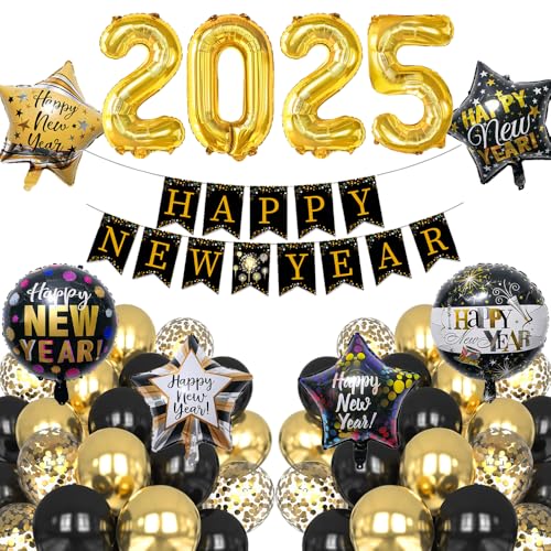 Silvester Deko 2025 Dekoration Set, Neujahr Silvesterdeko, Happy New Year Girlande, Zahlen 2025 Folienballon, Stern Folienballons, Schwarz Gold Luftballons, Neujahrsdeko, Silvesterpartydeko Accessoire von HiHK