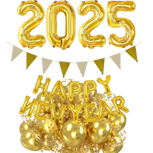 Silvester Deko 2025 Gold, Silvester 2025 Party Set, Happy New Year Deko 2025, 2025 Folienballon, Happy New Year Ballon Girlande, Gold Konfetti Luftballons Für Neujahr Deko 2025 Silvesterparty von HiHK