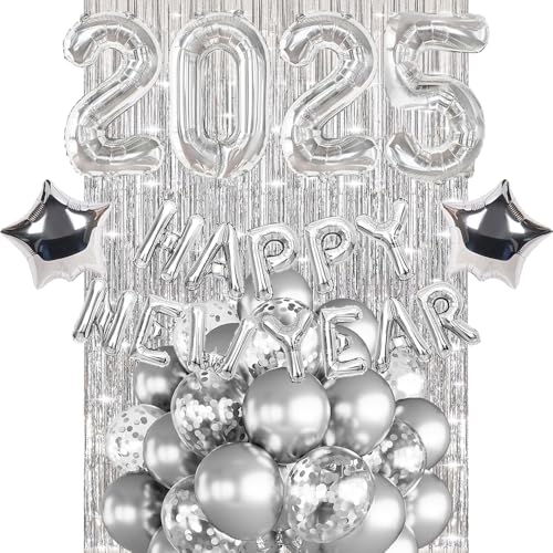 Silvester Deko 2025 Silber, Silvester 2025 Party Set, Happy New Year Deko 2025, XXL 2025 Folienballons, Happy New Year Ballon Girlande, Silber Lametta Vorhang Für Neujahr Silvester Party Dekorationen von HiHK