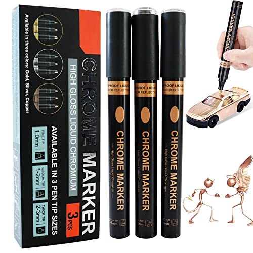 3 Stück Metallic Chrom Marker, Wasserfest Spiegel Marker Chromlackstift, Line Width 1 mm, 2mm 3 mm, Hochglänzend Feine und Mittlere Spitze Lackmarker für Modellbau Metall Glas Kunststoff (Copper) von HiScooter