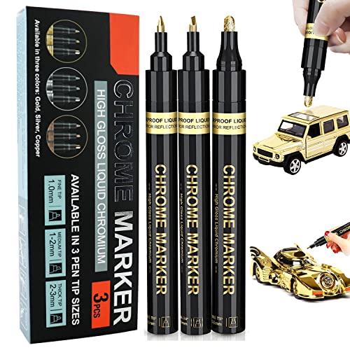 3 Stück Metallic Chrom Marker, Wasserfest Spiegel Marker Chromlackstift, Line Width 1 mm, 2mm 3 mm, Hochglänzend Feine und Mittlere Spitze Lackmarker für Modellbau Metall Glas Kunststoff (Gold) von HiScooter