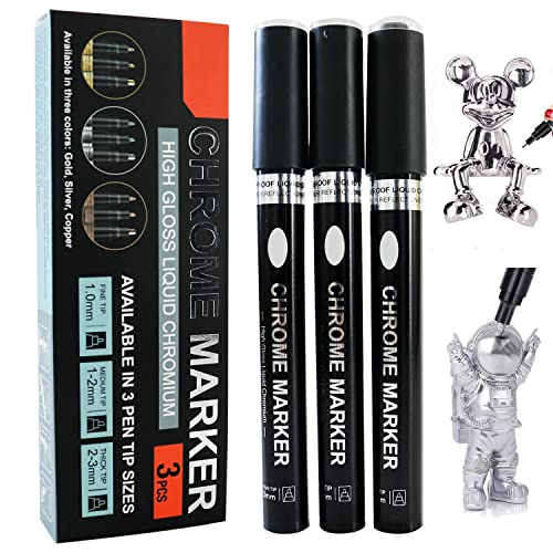 3 Stück Metallic Chrom Marker, Wasserfest Spiegel Marker Chromlackstift, Line Width 1 mm, 2mm 3 mm, Hochglänzend Feine und Mittlere Spitze Lackmarker für Modellbau Metall Glas Kunststoff (Silber) von HiScooter