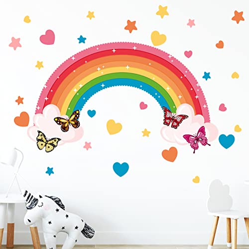 Hianjoo Regenbogen Wandaufkleber Kinderzimmer, Deco Wandaufkleber, Schmetterling Herzen Wandsticker, Selbstklebend Wandtattoo für Babyzimmer, Kindergarten, Schlafzimmer von Hianjoo