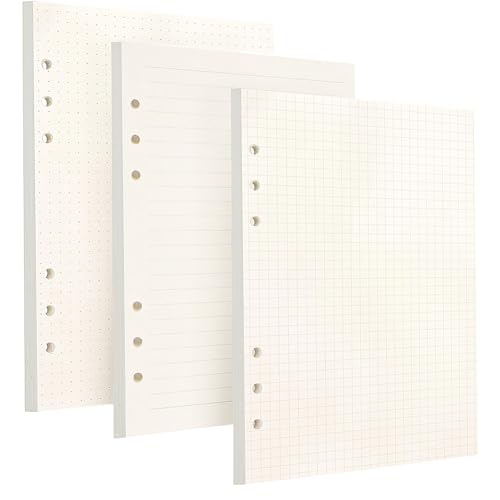 3 Packungen Nachfüllpapier A5,6 Löcher Nachfüllblätter für Papiereinlagen 180 Blatt/360 Seiten, Nachfüllpapier für A5-Ringbuch, Agende, Planer, Tagebücher (liniert+gepunktet+kariert) von Hibmisy