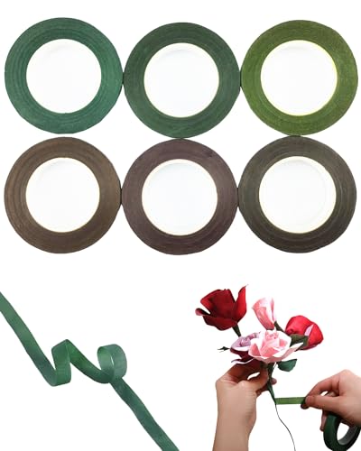 6 Rollen Blumenband grün Floral Tapes, Guttaperca grün selbstklebend für Blumen, 27 m x 12 mm, Klebeband für Floristen, zum Verpacken von Blumen, Dekorationen von Hibmisy