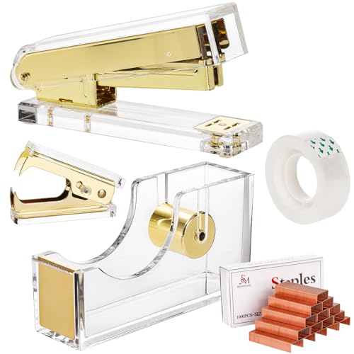 Hiceeden Acryl Gold Hefter und Tape Dispenser Set, Schreibtischzubehör Bürobedarf umfasst Band, Klammerentferner und 1000pcs 24/6 Klammern, moderne niedliche Hefter Set für Schreibtisch von Hiceeden