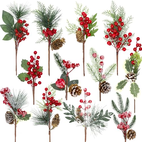 Künstliche Weihnachtsbaum-Picker, 12 Arten, große künstliche Weihnachtsspieße, sortiert, rote Beeren, Stiel, künstliche Kiefernspieße, Spray mit Tannenzapfen, Stechpalmenblätter für Winterferien, von Hidreas